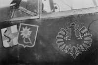 Эмблемы на фюзеляже истребителя Мессершмитт Bf.109F-4 фельдфебеля Гейнца Бейера (Heinz Beyer) из 8-й эскадрильи 5-й немецкой истребительной эскадры «Eismeer» («Полярное море»). Эмблемы на фюзеляже означают принадлежность к подразделению эскадры: щит с цветком эдельвейса — 8-я эскадрилья 5-й истребительной эскадры (8./JG5), щит с ботинком на фоне финского флага — 3-я группа 5-й истребительной эскадры (III.JG5). Рисунок в виде орла — личная эмблема пилота. Снимок интересен еще и тем, что позволяет предположить, что истребитель ранее входил в состав истребительной эскадры JG54 «Grünherz» («Зеленое сердце»). Видны слабые следы закрашенной эмблемы JG54 в виде сердца, поверх которого нарисован орел.
